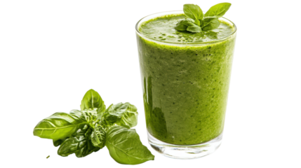 Green Smoothie Refreshment with Basil Garnish Delight