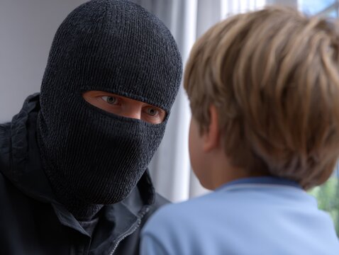 A masked intruder confronts a young child, creating a tense and dangerous situation.
