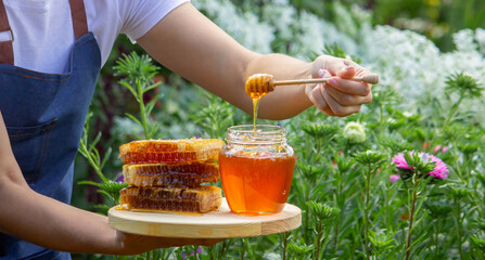 Fresh honey in jar with honeycomb and dipper outdoors © Anna