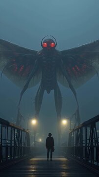 Mothman Cryptid Creature Foggy Night Bridge Encounter, Vertical Video Animation
