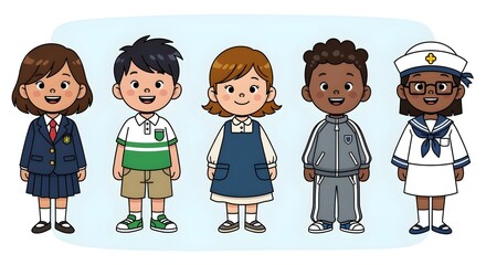 Happy Diverse School Children in Different Uniforms and Casual Clothes