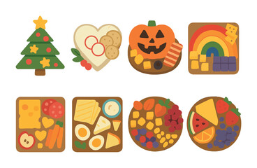 Colorful Cheeseboard Icons. Flat vector mini-illustrations themed cheeseboards in colors children's