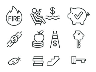 Fototapeta premium Financial Independence Icons. Outline icon set of financial independence: FIRE icon, early retiree, passive
