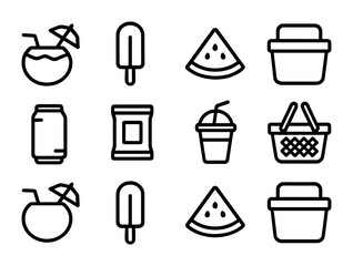 Beachside Refreshments Icons. Outline icon set of beachside refreshments: coconut drink, popsicle, watermelon