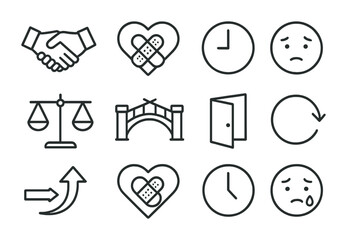 Fototapeta premium Forgiveness Icon Set. Outline icon set of forgiveness and trust repair: handshake icon, heart bandage, time