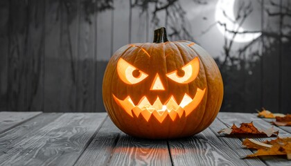 Illuminated carved pumpkin on a wooden surface.