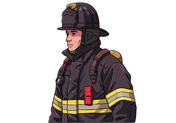 Obraz premium A professional firefighter stands proudly, wearing full gear. Bold lines and a simple style create a striking image. Perfect for service and duty themes.