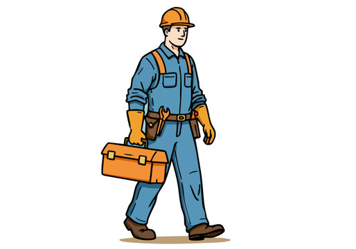 A vintage-style illustration depicts a construction worker proudly carrying a tool box. Bold lines and a retro aesthetic convey 'Labor Tools' pride. Suitable for commercial use.