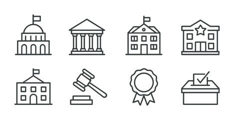 Government Icon Set. Outline icon set of government institutions: parliament building, courthouse, government
