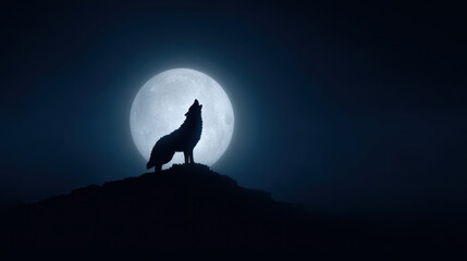 Fototapeta premium Silhouette of wolf howling on hilltop under bright full moon in dark night sky, creating mysterious and eerie atmosphere