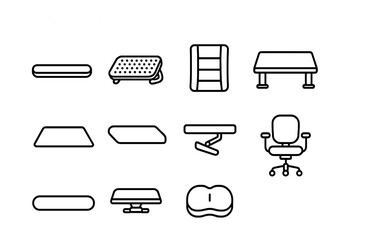 Ergonomic Accessories Icons. Outline icon set of ergonomic accessories: wrist rest, footrest, lumbar support,