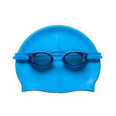 A vibrant studio photograph of blue swim goggles and a swim cap, clean and detailed design, fully visible and perfectly isolated on transparent background.