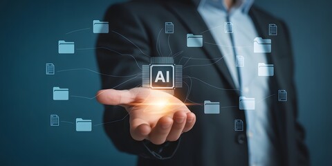 Artificial Intelligence & Future: A suited person presents a futuristic interface displaying AI and interconnected digital folders, symbolizing technological innovation and modern possibilities. 
