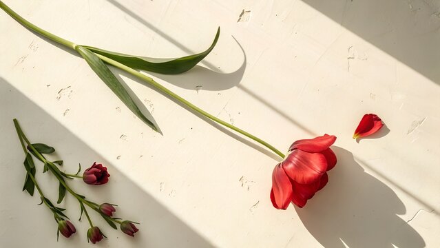 Wilting red tulip and rose buds in sunlight - Powered by Adobe