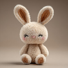 Fototapeta premium Adorable crochet amigurumi bunny plush toy with long floppy ears and big eyes. Handmade stuffed rabbit doll made of soft yarn. Cozy handmade craft toy sitting on knitted fabric indoors.