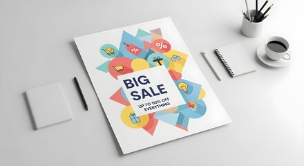 Big Sale Poster on White Desk with Office Supplies