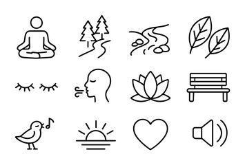 Obraz premium Mindfulness Icon Set. Outline icon set of mindfulness in nature: person meditating, forest path, flowing