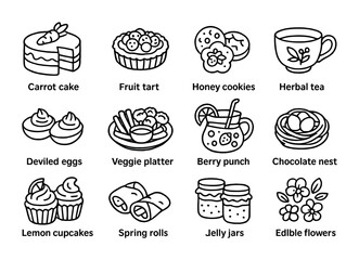 Spring Party Icons. Outline icon set of seasonal treats for spring parties: carrot cake, fruit tart, honey