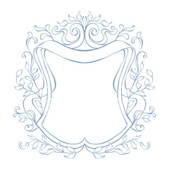 Wedding crest frame. Wedding floral crest. Vintage frame with floral decor. Victorian frame for wedding invitation, card, emblem, cover, banner, save the date, monogram frame. Hand drawn classic style