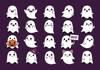 Cute kawaii ghost character vector set for Halloween