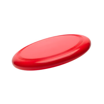 A vibrant studio photograph of a red frisbee disc, captured in mid-air motion, fully visible and perfectly isolated on transparent background.
