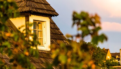 A small attic window with wooden shingles on a building.