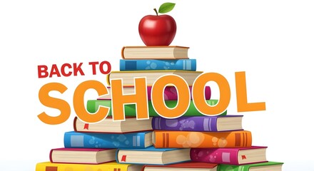 Back to School Books Stack with Red Apple and Text