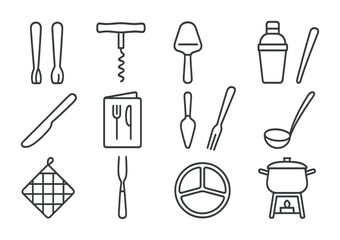 Elegant Hosting Icons. Outline icon set of elegant hosting essentials: serving tongs, wine opener, cheese