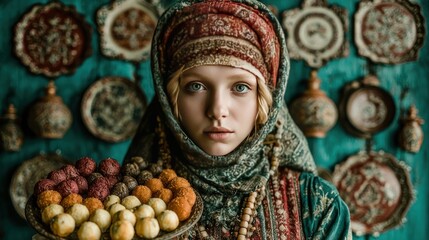 Obraz premium Young woman holding plate of sweets in traditional setting