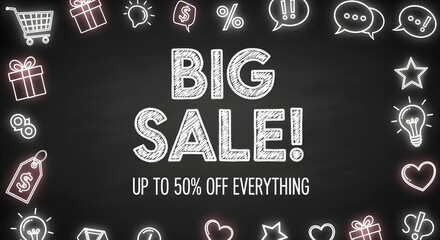 Big Sale Promotion on Chalkboard with Shopping Icons