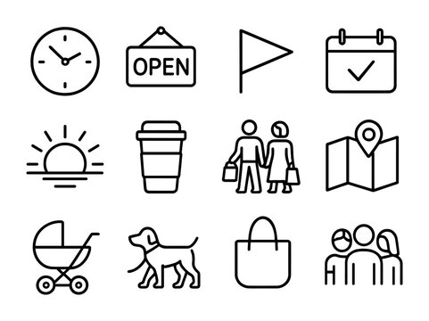 Weekend Market Icons. Outline icon set of weekend farmers market: market clock, open sign, Saturday banner,