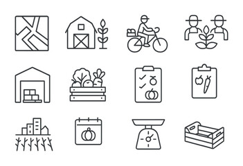 Local Food Icons. Outline icon set of local food systems: urban map, farm icon, bike delivery, farmers’ co-op,