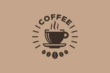 Coffee Cup Logo Design Template with Steam and Coffee Beans. Hot Drink Concept. Retro Vintage Emblem. Vector Illustration.