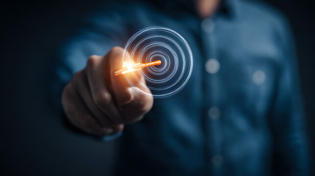 Person pointing at glowing orange dart hitting bullseye target with concentric circles hand finger