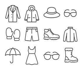 Fototapeta premium Seasonal Wardrobe Icons. Outline icon set of seasonal wardrobe: wool coat, rain jacket, sun hat, mittens,