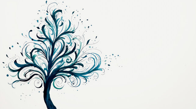 A beautifully designed tree features intricate blue swirls and patterns, enhancing visual appeal.
