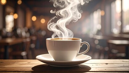 A steaming cup of coffee sits on a wooden table in a cafe, showcasing the warm and inviting ambiance.