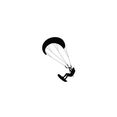 Silhouette of a kitesurfer riding a board with a large kite against a white background