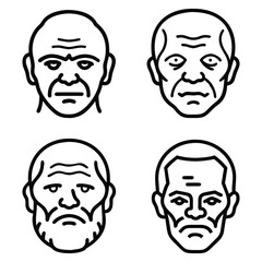 Black and white vector illustration of men's diverse facial expressions with cartoon characters and different beards