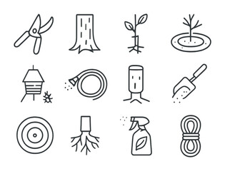 Obraz premium Tree Care Icons. Outline icon set of tree care and maintenance: pruning tool, tree trunk, sapling stake, mulch