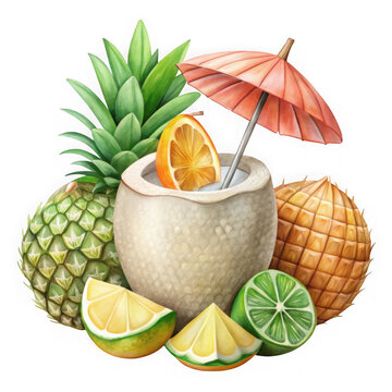 Vibrant tropical fruit watercolor pineapple coconut lime drink umbrella summer refreshment