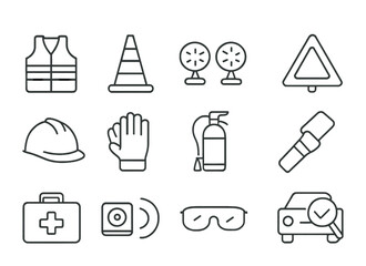 Trucking Safety Icons. Outline icon set of trucking safety essentials: safety vest, road cone, hazard lights,