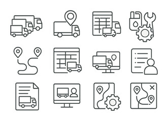 Truck Fleet Icon Set. Outline icon set of truck fleet management: fleet icon, vehicle tracker, fuel log, route