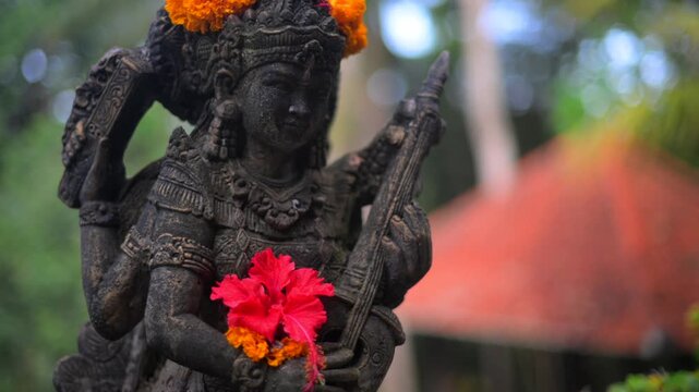 Saraswati stone statue. Decorated statues of goddess durga