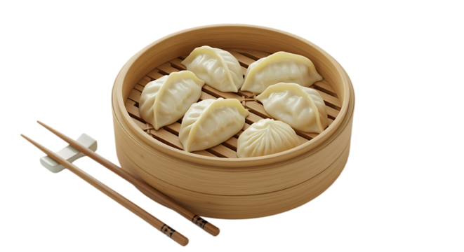 Steamed dumplings in a bamboo steamer with chopsticks on a black background on transparent background