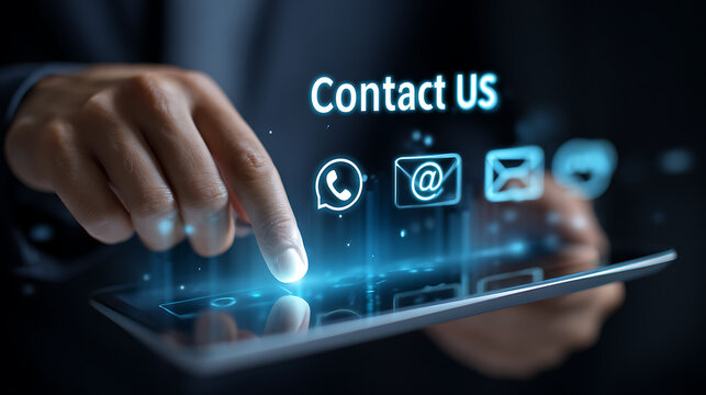 Person touching digital interface with contact icons and text hand finger