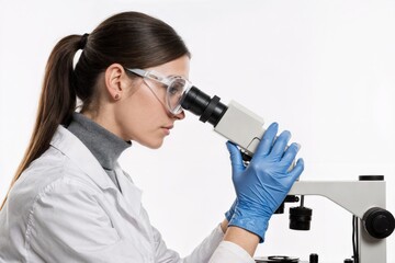 Scientist examines specimen through microscope in laboratory setting during daytime