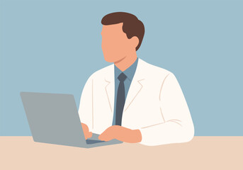 Male Doctor Using Laptop – Flat Illustration of Medical Professional at Work