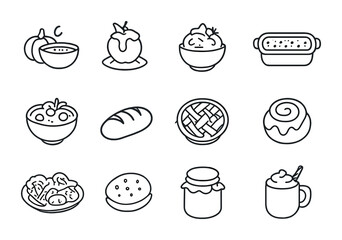 Autumn Comfort Food Icons. Outline icon set of comfort food for autumn: pumpkin soup, baked apple, mashed