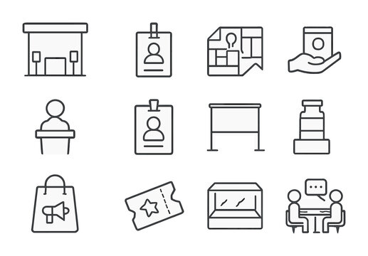 Trade Show Icons. Outline icon set of trade exhibitions and expos: expo booth, exhibition badge, trade show